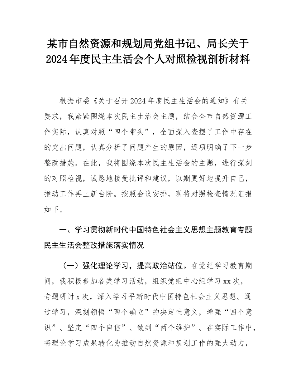 某市自然资源和规划局党组书记、局长关于2024年度民主SH会个人对照检视剖析材料.docx_第1页