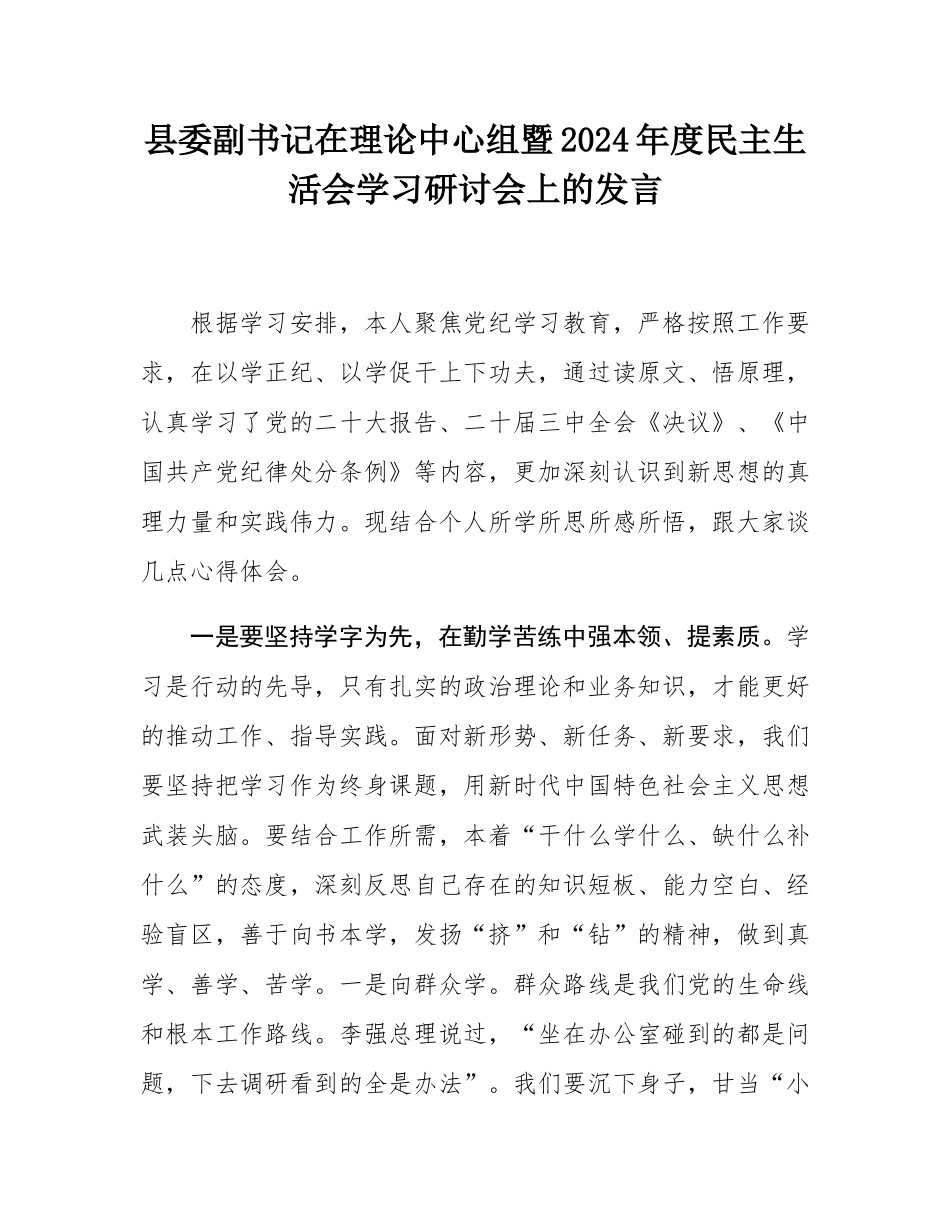 县委副书记在理论中心组暨2024年度民主SH会学习研讨会上的发言.docx_第1页