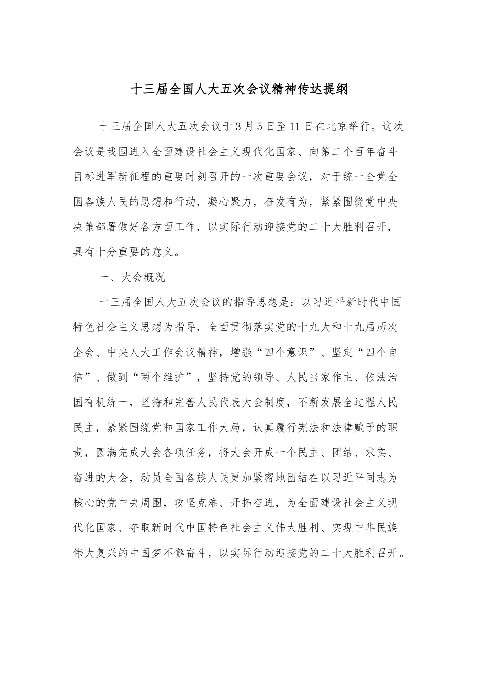 十三届全国人大五次会议精神传达提纲.docx_第1页