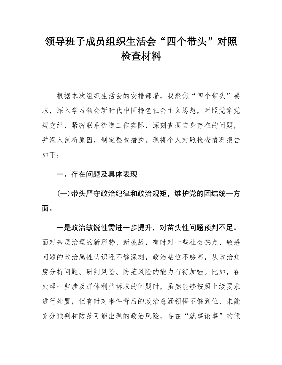 领导班子成员组织SH会“四个带头”对照检查材料.docx_第1页