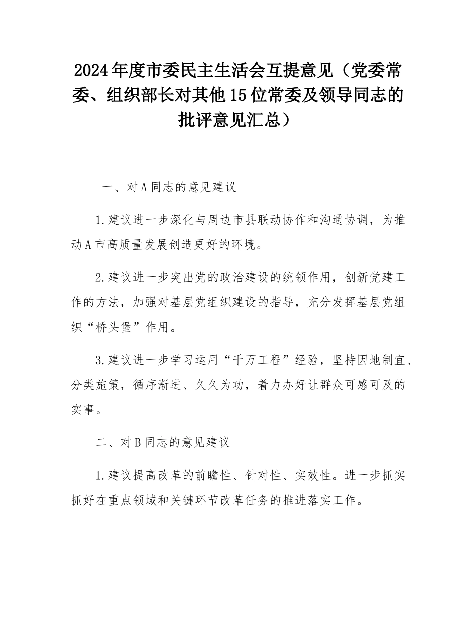2024年度市委民主SH会互提意见（党委常委、组织部长对其他15位常委及领导同志的批评意见汇总）.docx_第1页