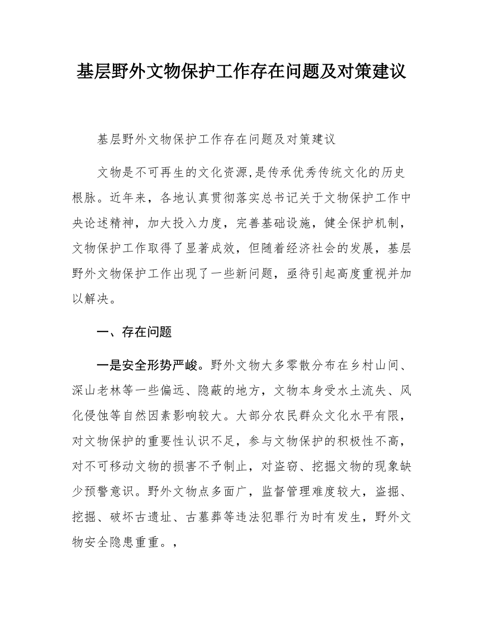 基层野外文物保护工作存在问题及对策建议.docx_第1页