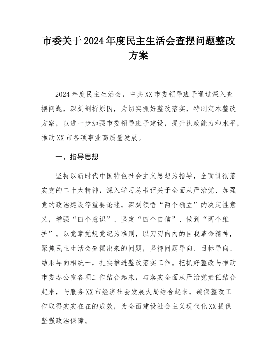 市委关于2024年度民主SH会查摆问题整改方案.docx_第1页
