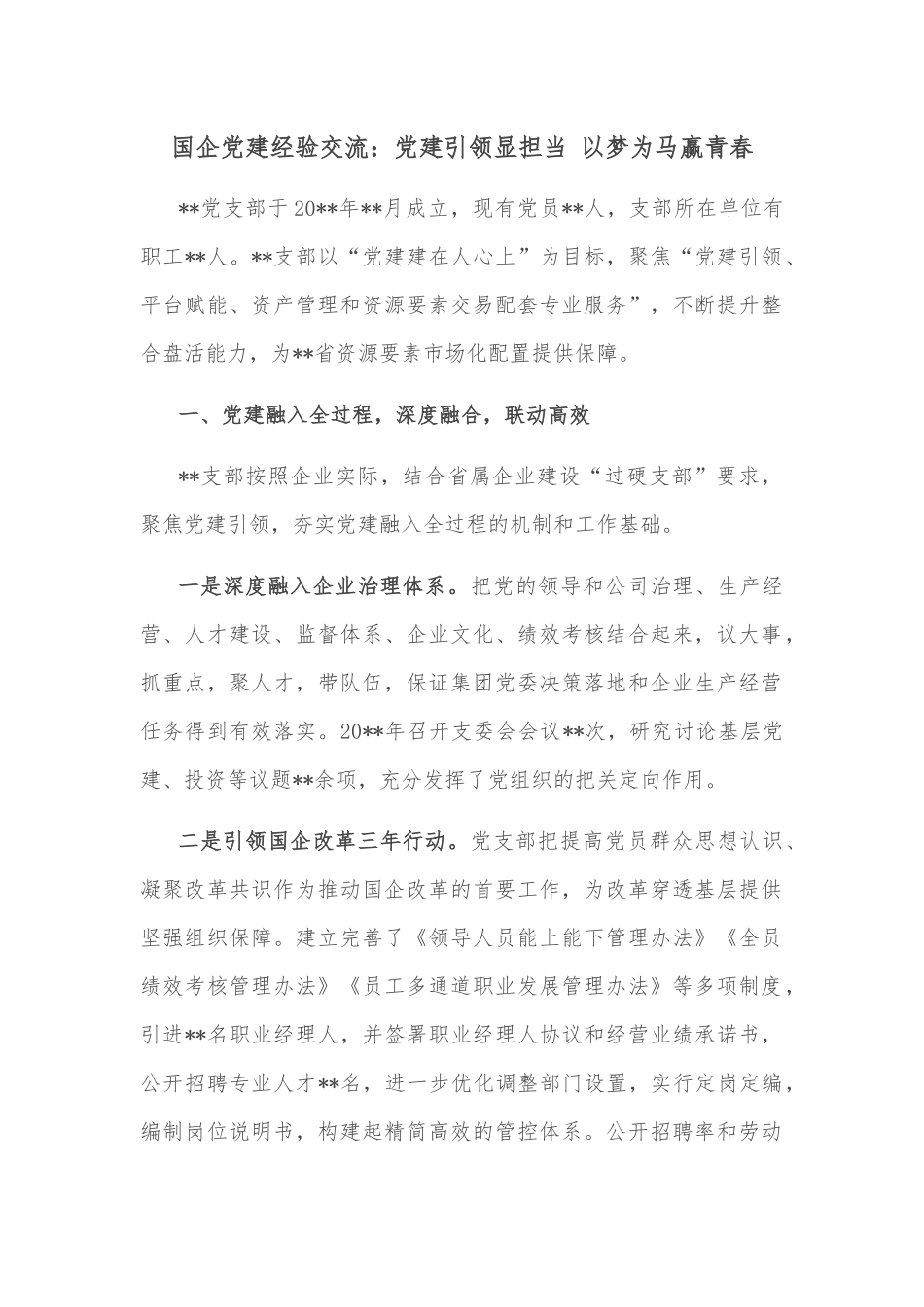 国企党建经验交流：党建引领显担当 以梦为马赢青春.docx_第1页