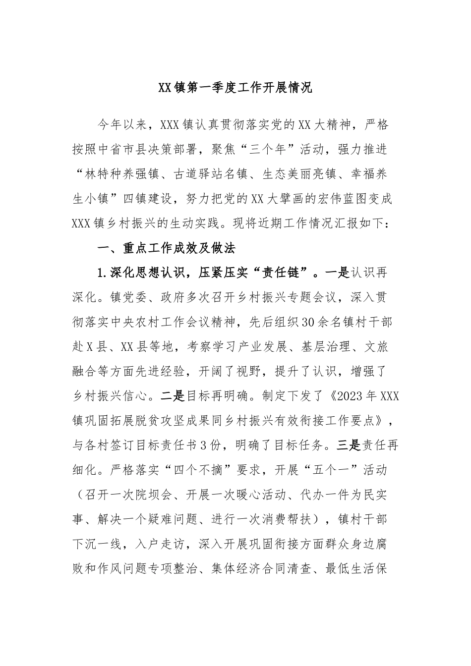 XX镇第一季度工作开展情况.docx_第1页
