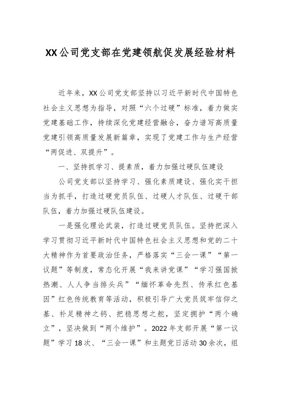 XX公司党支部在党建领航促发展经验材料.docx_第1页
