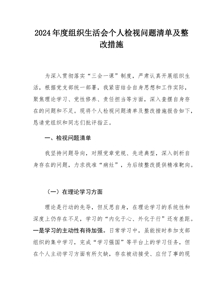 2024年度组织SH会个人检视问题清单及整改措施.docx_第1页