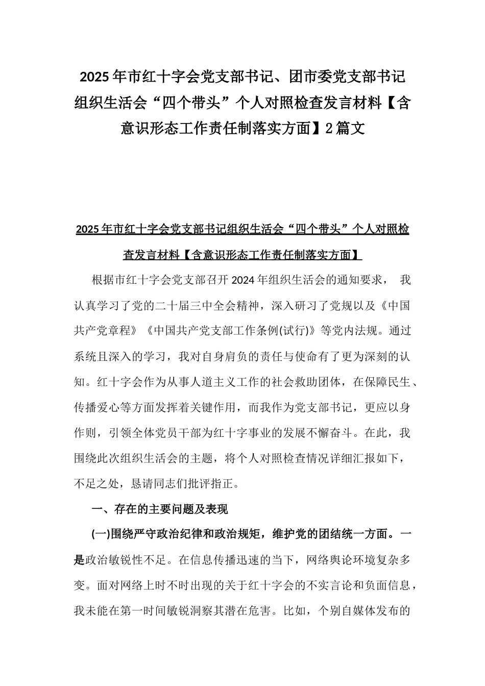 2025年市红十字会党支部书记、团市委党支部书记组织生活会“四个带头”个人对照检查发言材料【含意识形态工作责任制落实方面】2篇文.docx_第1页