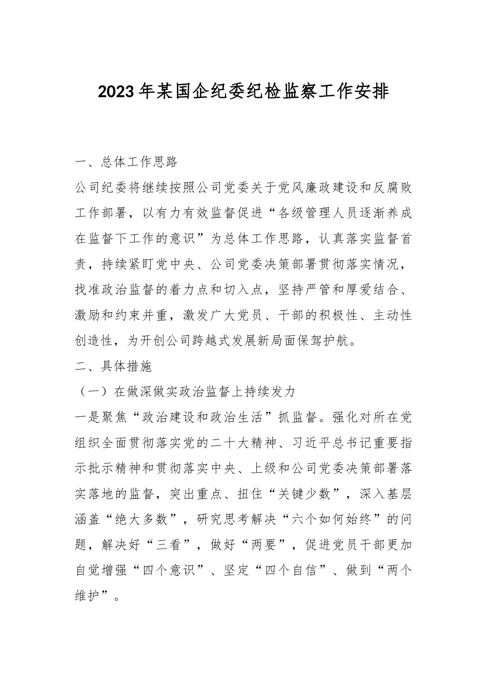 2023年某国企纪委纪检监察工作安排.docx_第1页