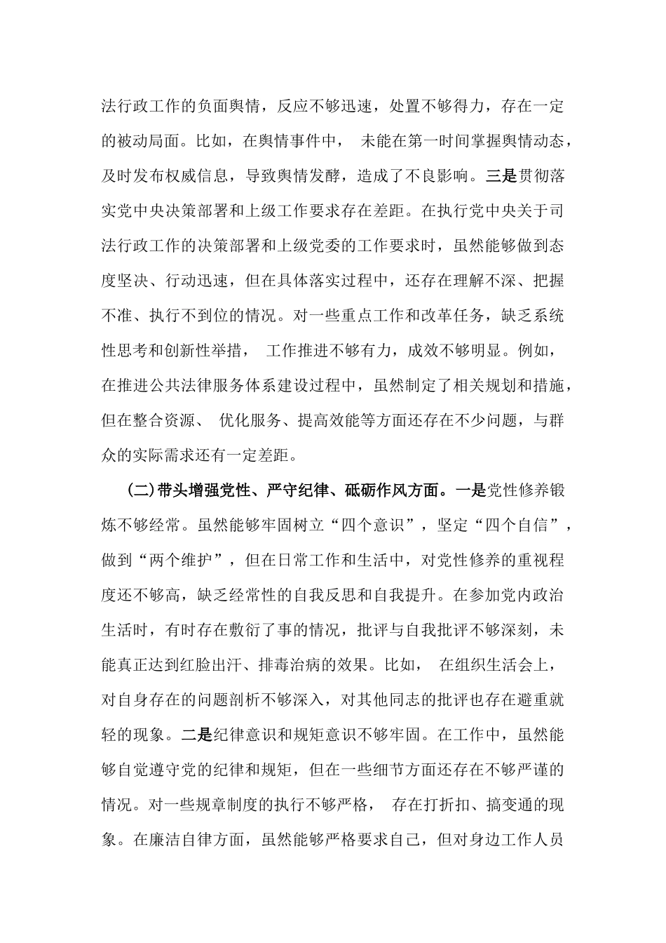 市司法局副书记2025年民主生活会围绕“四个带头七个方面”个人对照检查发言材料【含典型事例剖析】.docx_第2页