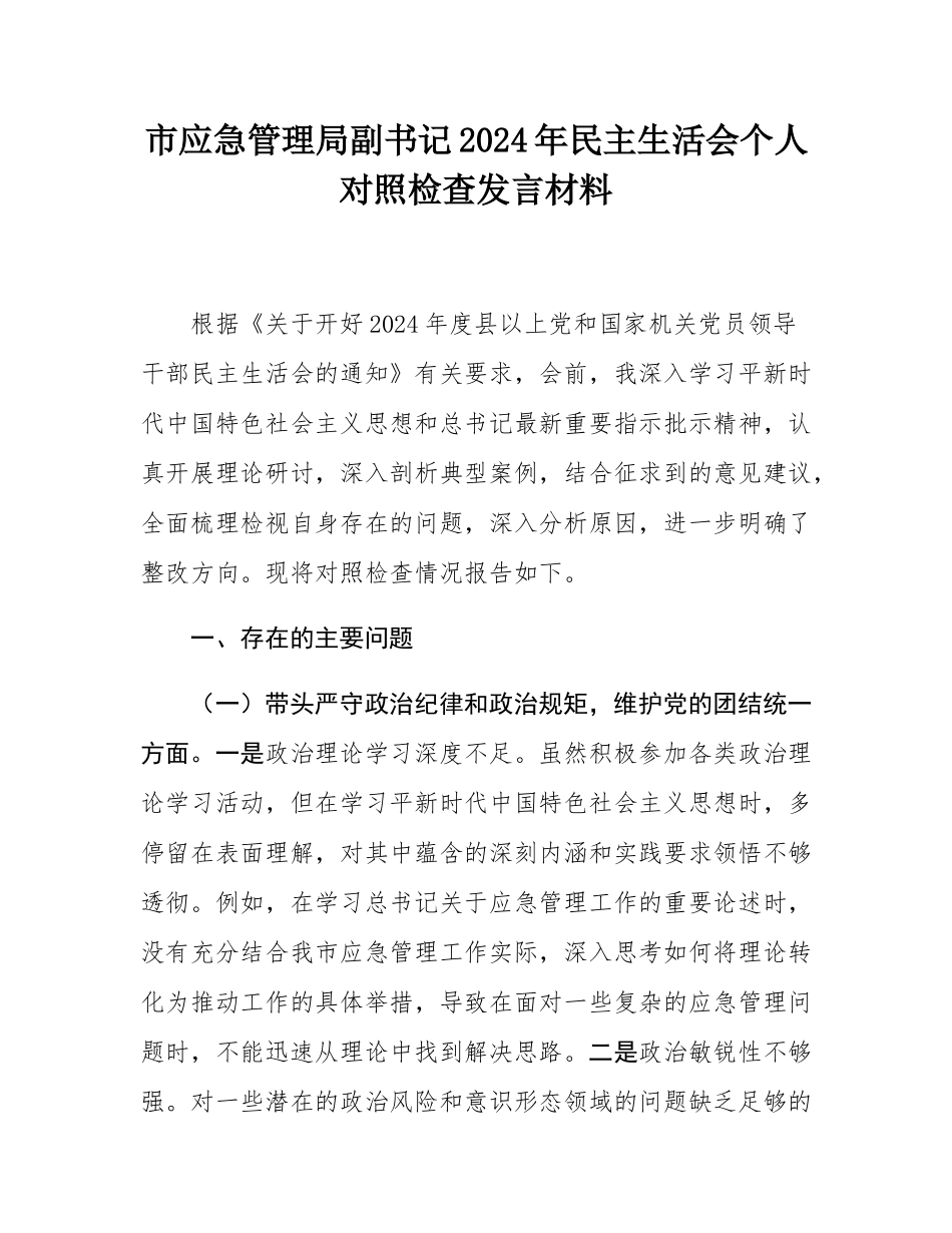 市应急管理局副书记2024年民主SH会个人对照检查发言材料.docx_第1页