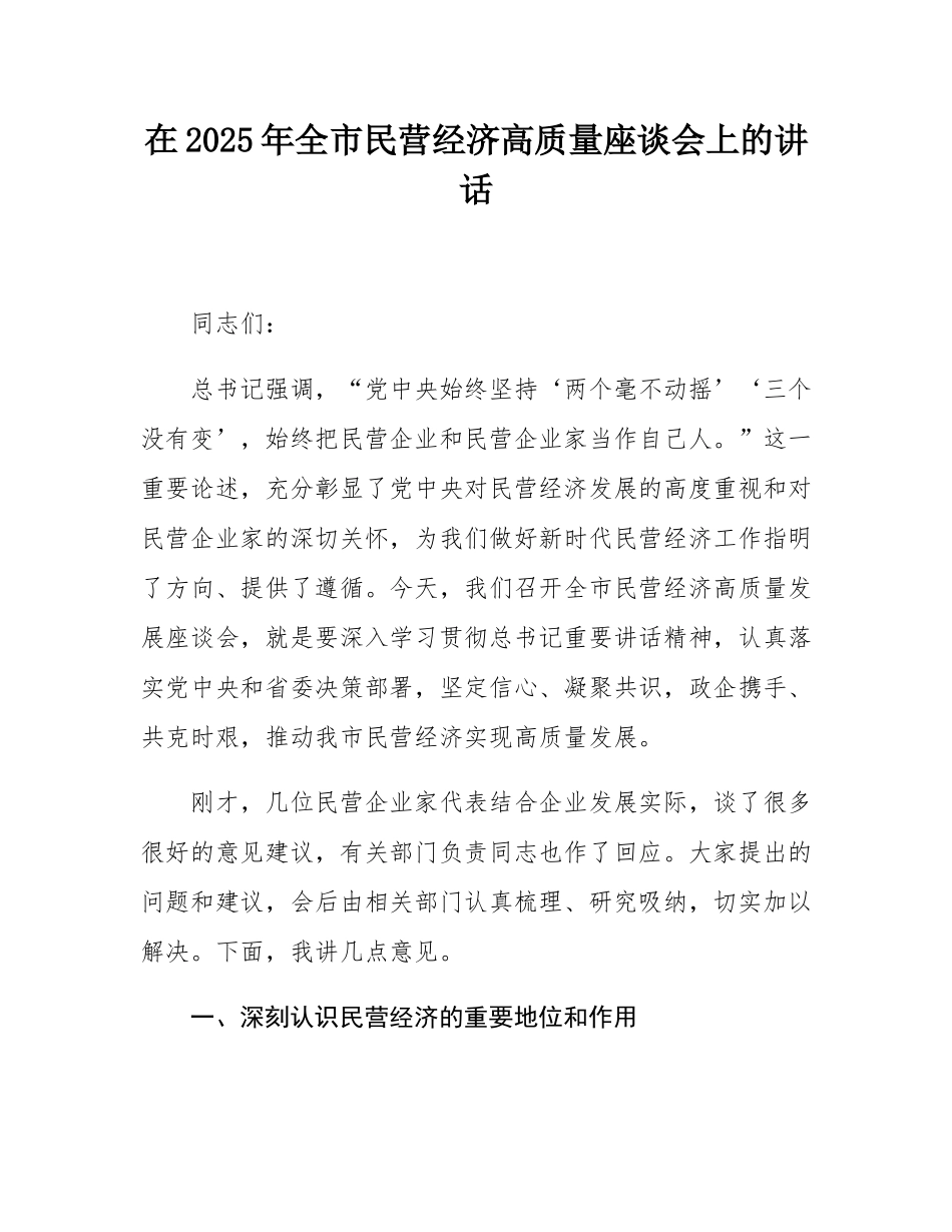 在2025年全市民营经济高质量座谈会上的讲话.docx_第1页