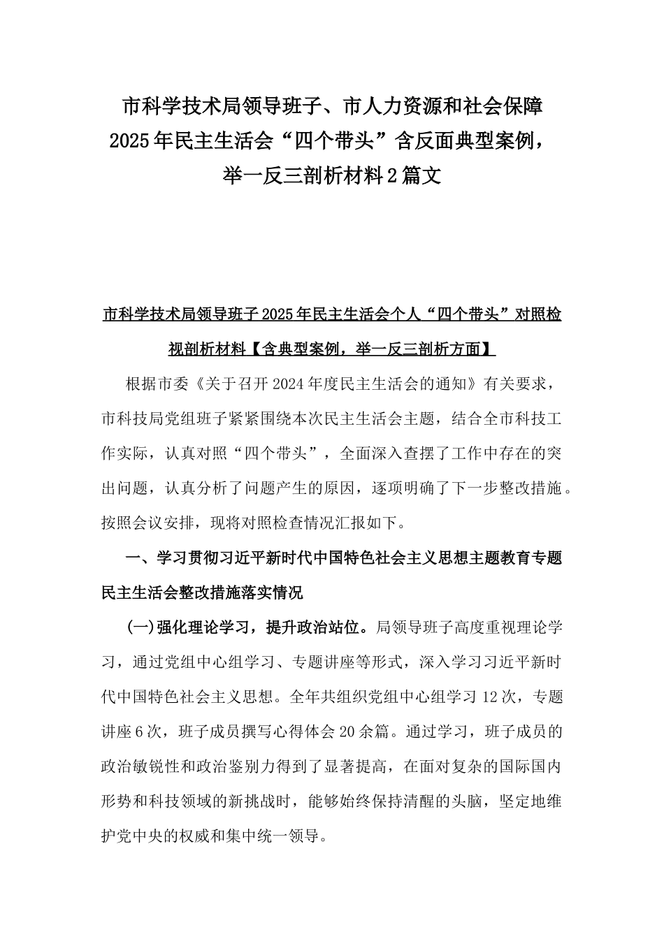 市科学技术局领导班子、市人力资源和社会保障2025年民主生活会“四个带头”含反面典型案例，举一反三剖析材料2篇文.docx_第1页
