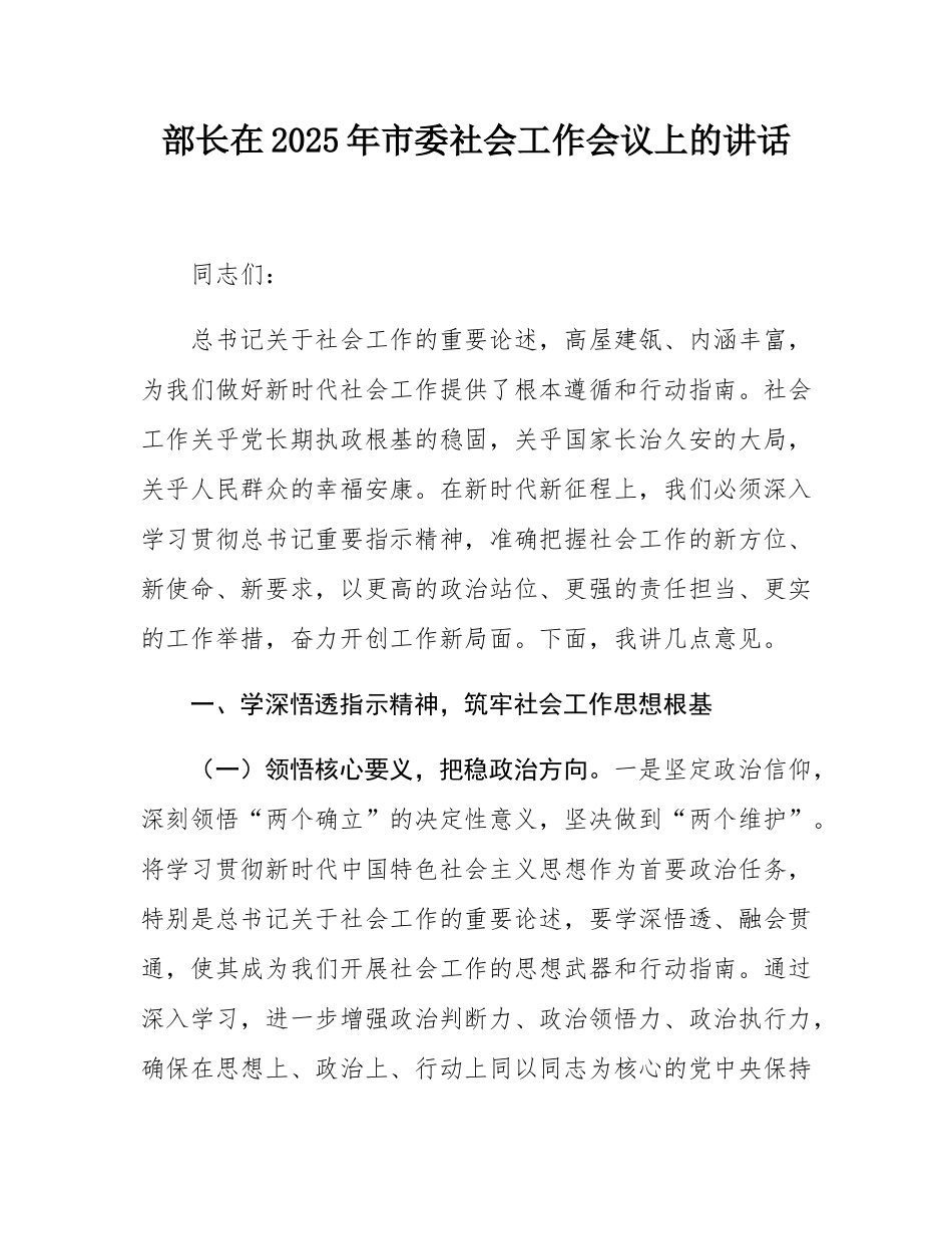 部长在2025年市委社会工作会议上的讲话.docx_第1页