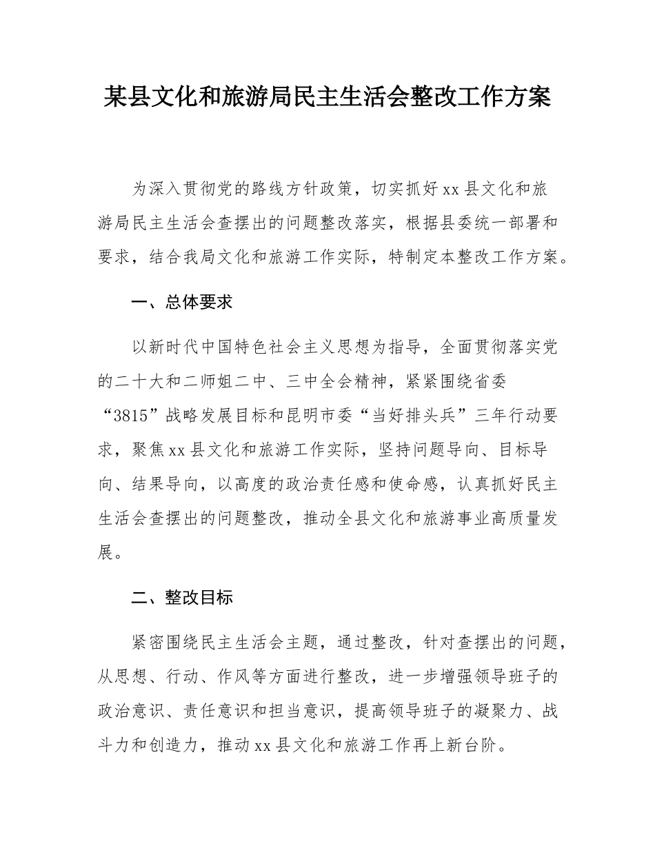 某县文化和旅游局民主SH会整改工作方案.docx_第1页
