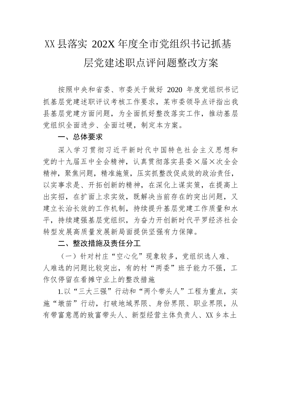 县落实202X年度全市党组织书记抓基层党建述职点评问题整改方案.docx_第1页