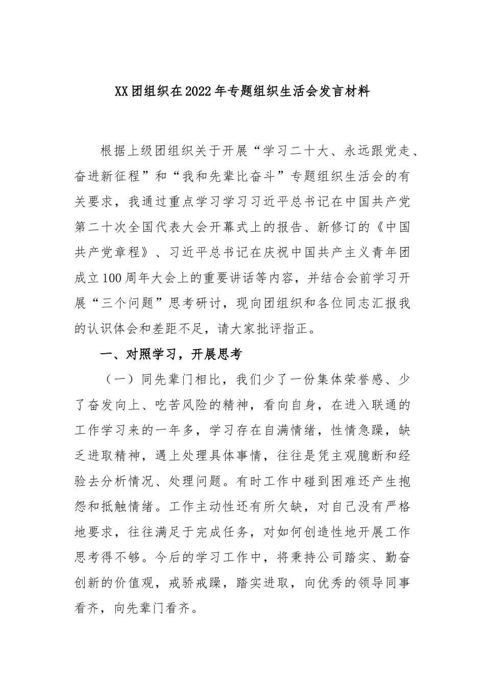 XX团组织在2022年专题组织生活会发言材料.docx_第1页