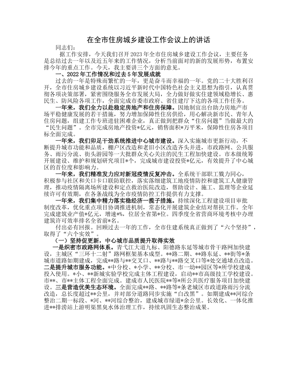 20230313：在全市住房城乡建设工作会议上的讲话.docx_第1页