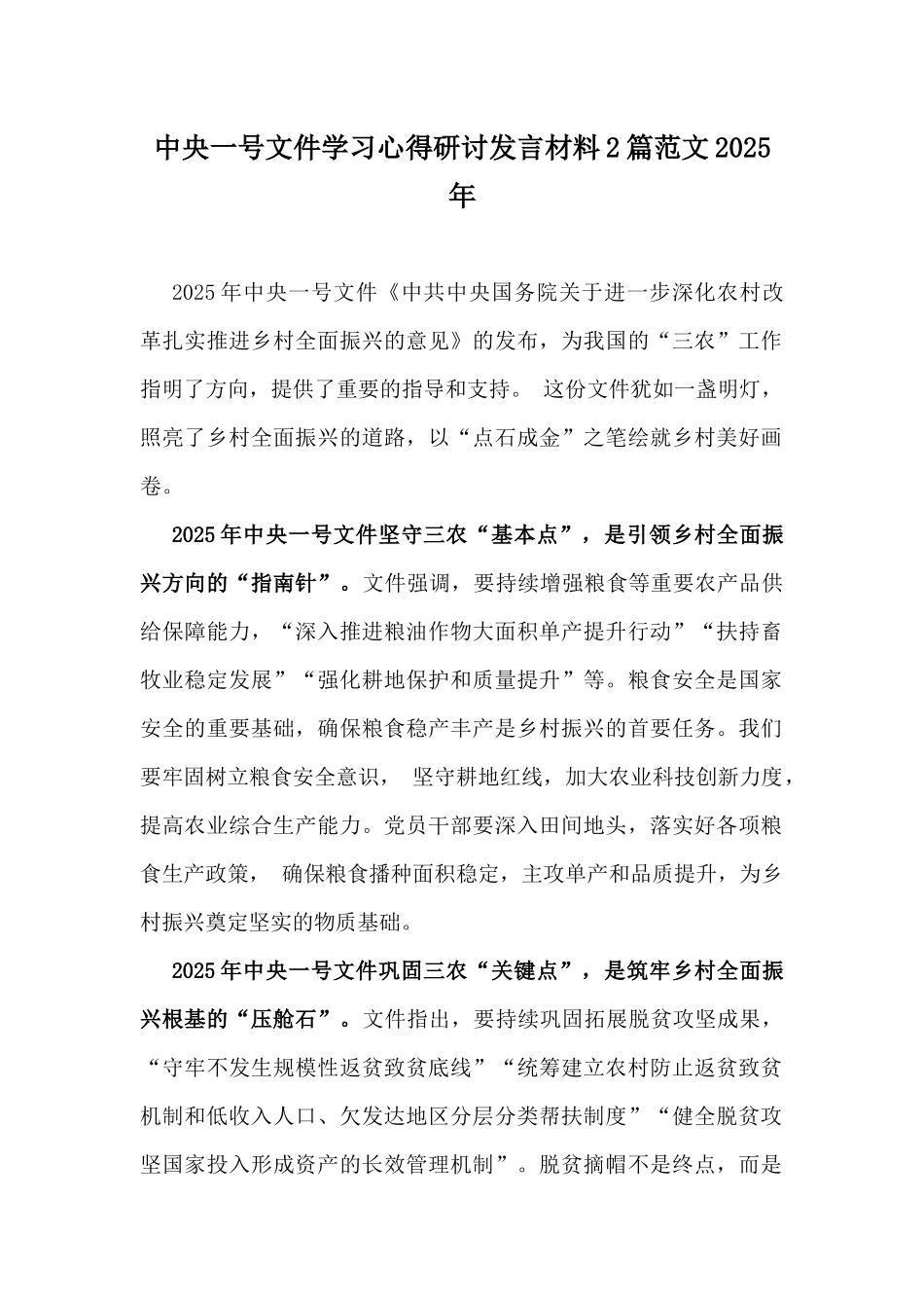 中央一号文件学习心得研讨发言材料2篇范文2025年.docx_第1页