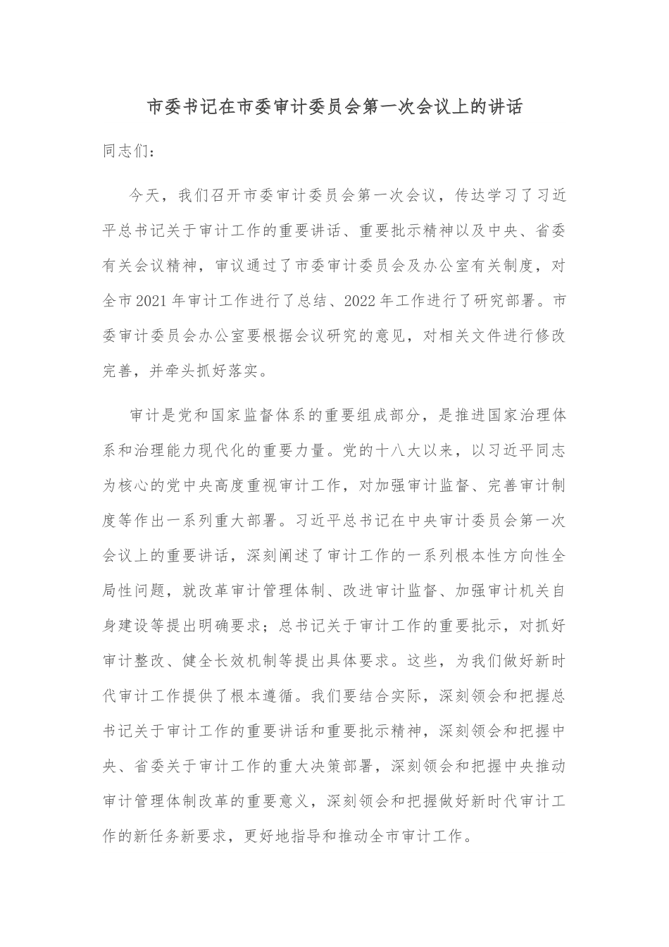 市委书记在市委审计委员会第一次会议上的讲话.docx_第1页