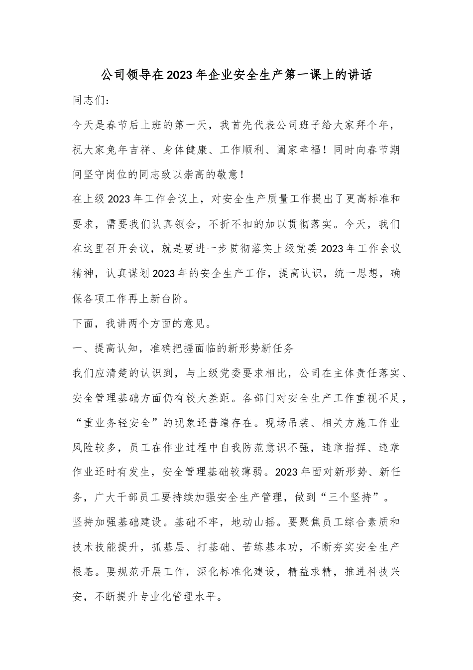 公司领导在2023年企业安全生产第一课上的讲话.docx_第1页
