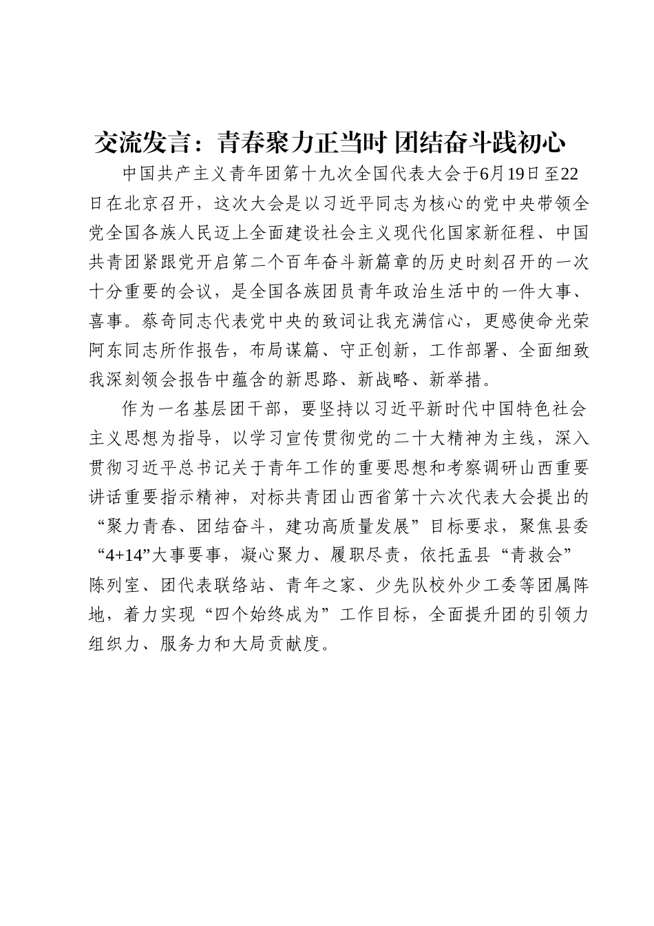 交流发言：青春聚力正当时团结奋斗践初心.docx_第1页