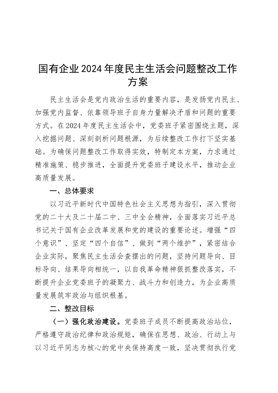 国有企业2024年度民主生活会问题整改工作方案20250312.docx_第1页