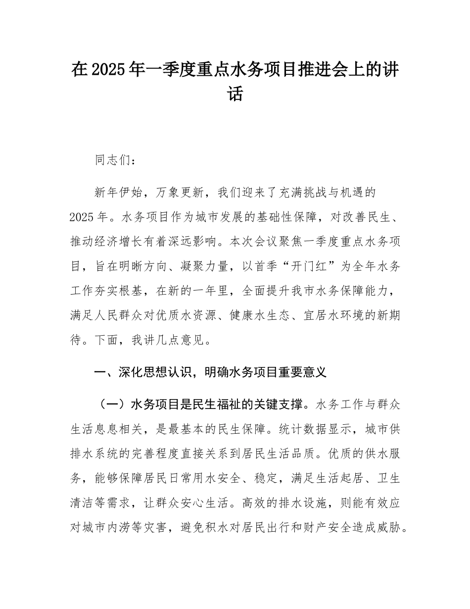 在2025年一季度重点水务项目推进会上的讲话.docx_第1页