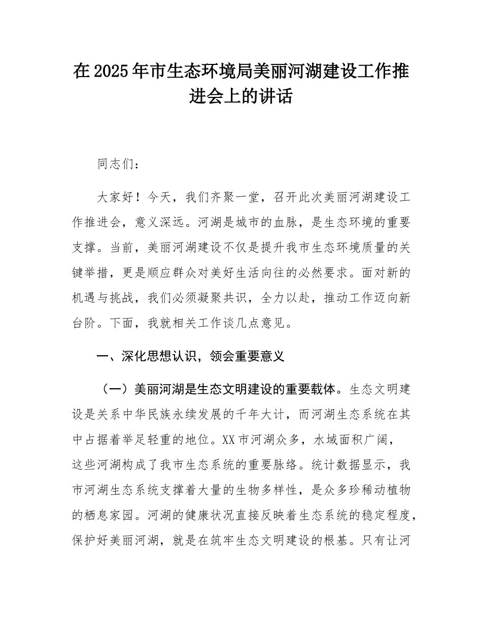 在2025年市生态环境局美丽河湖建设工作推进会上的讲话.docx_第1页