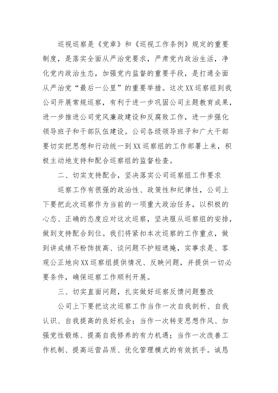 XX公司党委书记代表公司党委配合巡察工作讲话.docx_第2页