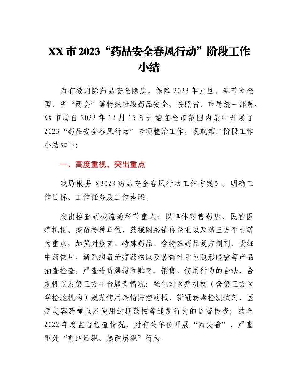 20230308：XX市2023药品安全春风行动阶段工作小结.docx_第1页