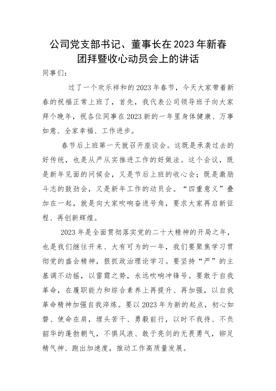 公司党支部书记、董事长在2023年新春团拜暨收心动员会上的讲话.docx_第1页