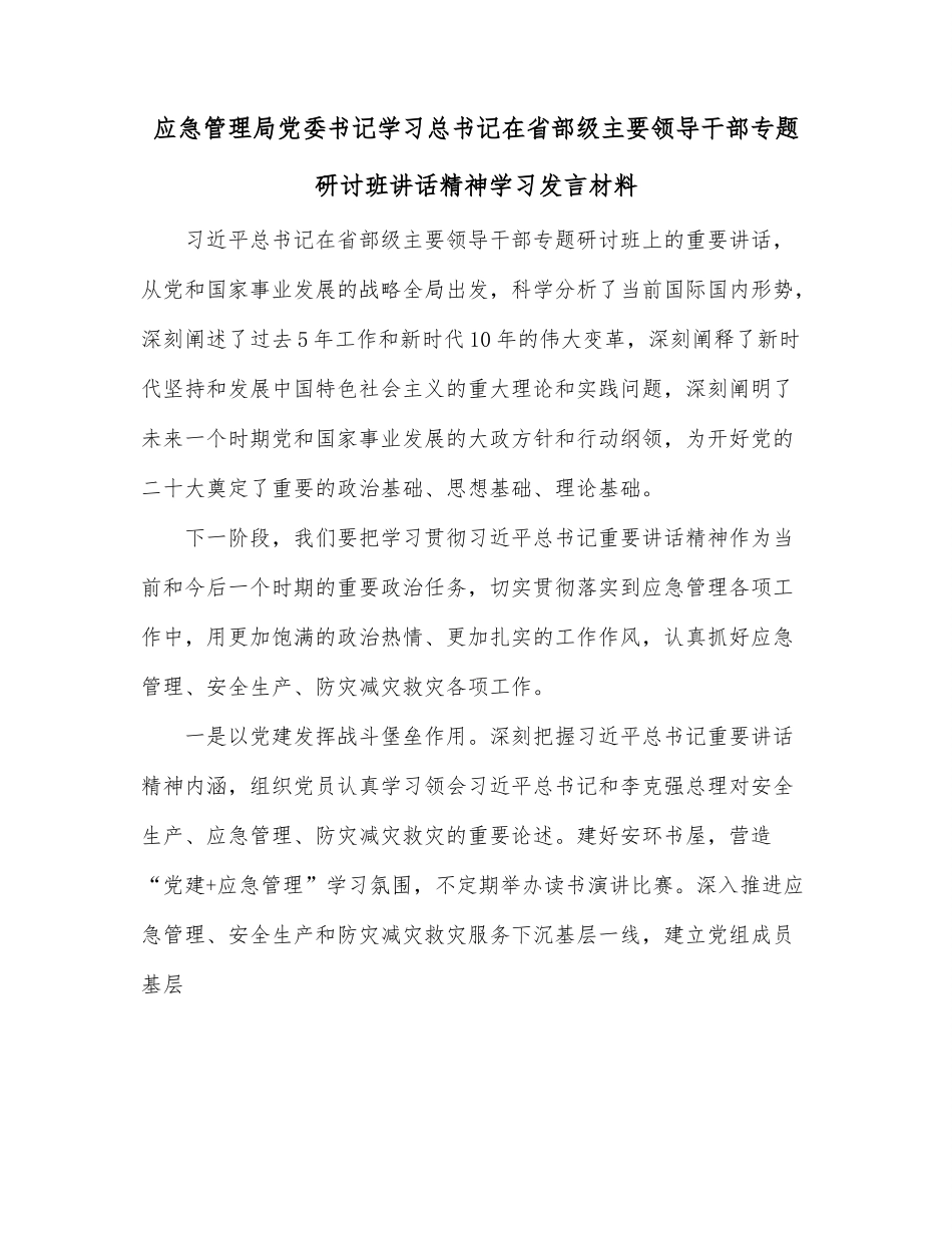 应急管理局党委书记学习习近平总书记在省部级主要领导干部专题研讨班讲话精神学习发言材料.docx_第1页