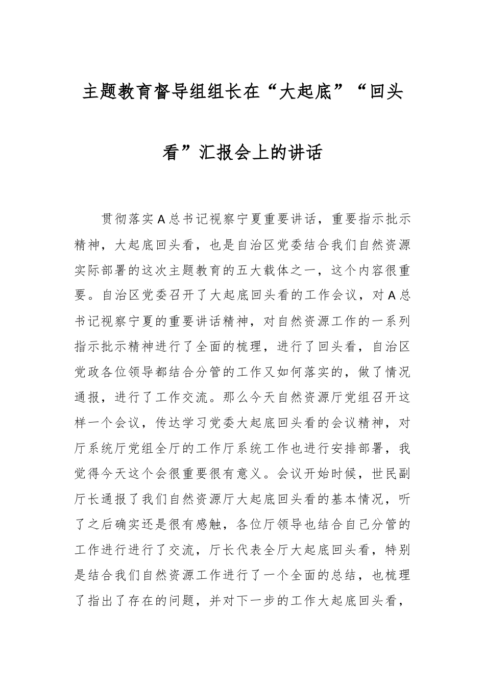 主题教育督导组组长在“大起底”“回头看”汇报会上的讲话.docx_第1页