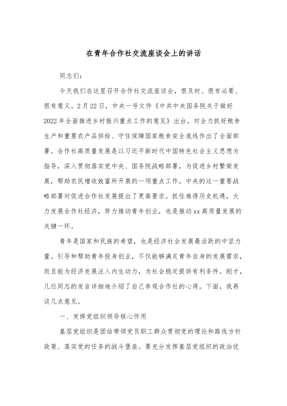 在青年合作社交流座谈会上的讲话.docx_第1页