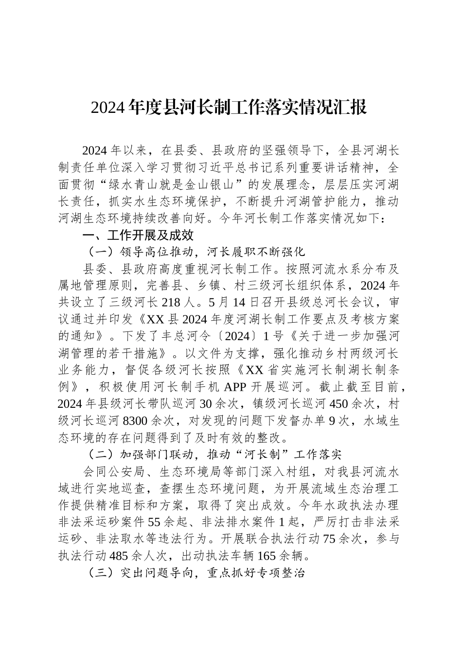 2024年度县河长制工作落实情况汇报.docx_第1页