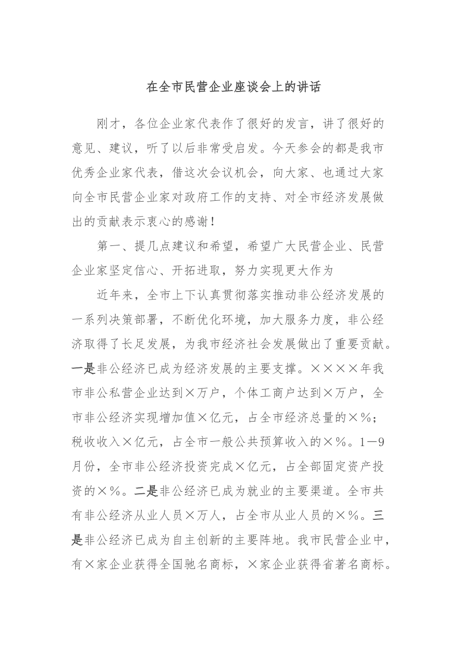 在全市民营企业座谈会上的讲话.docx_第1页