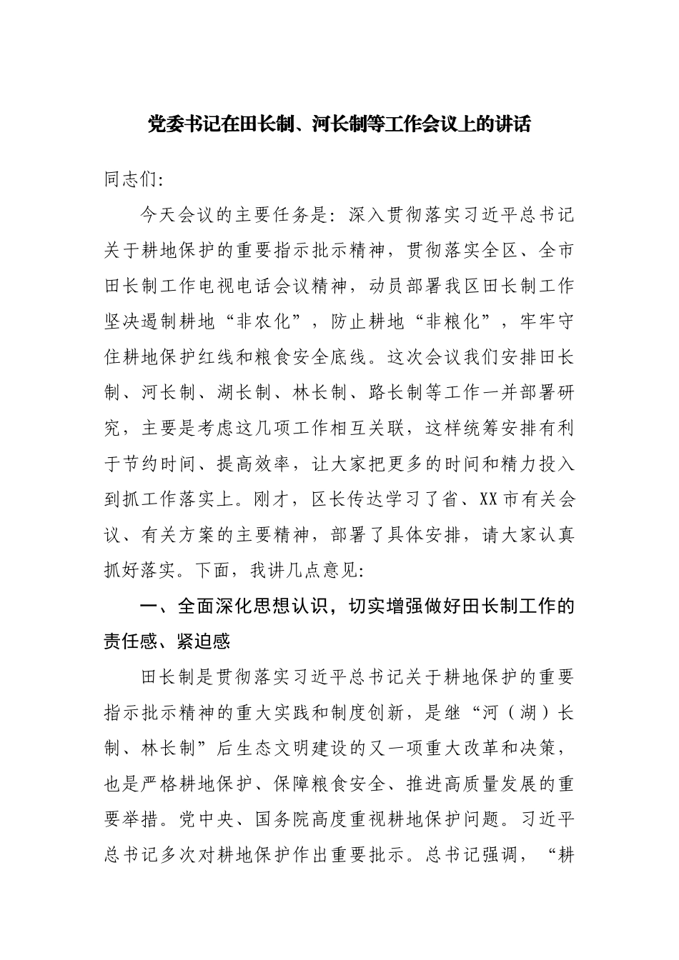 在田长制、河长制等工作会议上的讲话.docx_第1页