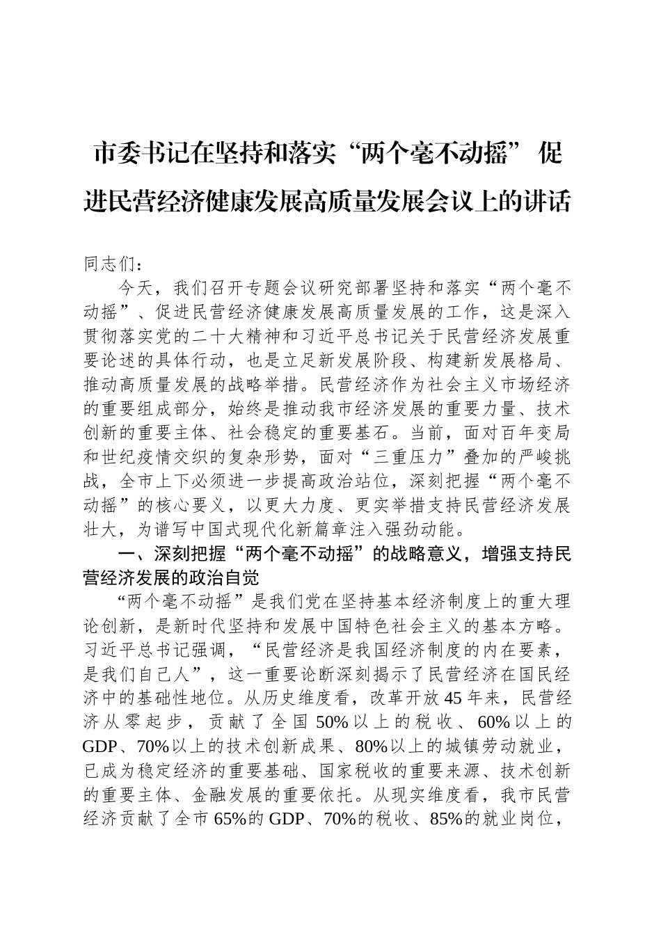 市委书记在坚持和落实“两个毫不动摇” 促进民营经济健康发展高质量发展会议上的讲话.docx_第1页
