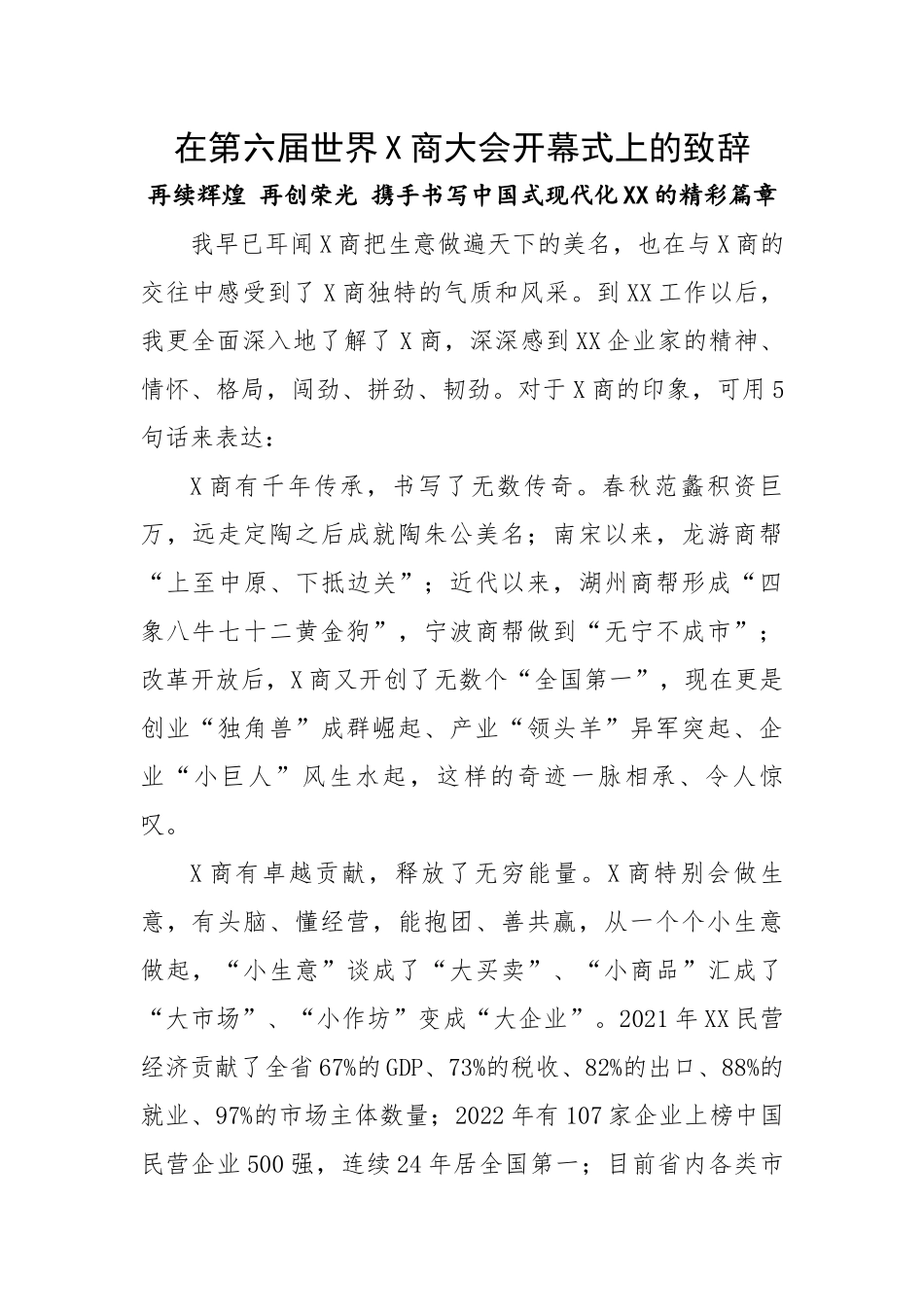 省委书记在第六届世界X商大会开幕式上的致辞.docx_第1页