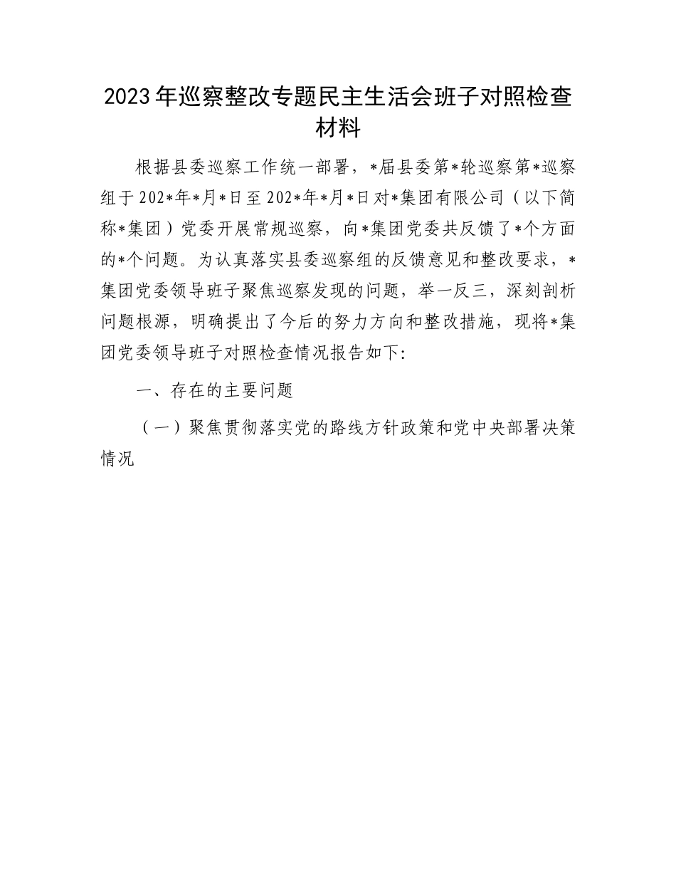 2023年巡察整改专题民主生活会：2023年巡察整改专题民主生活会班子对照检查材料.docx_第1页