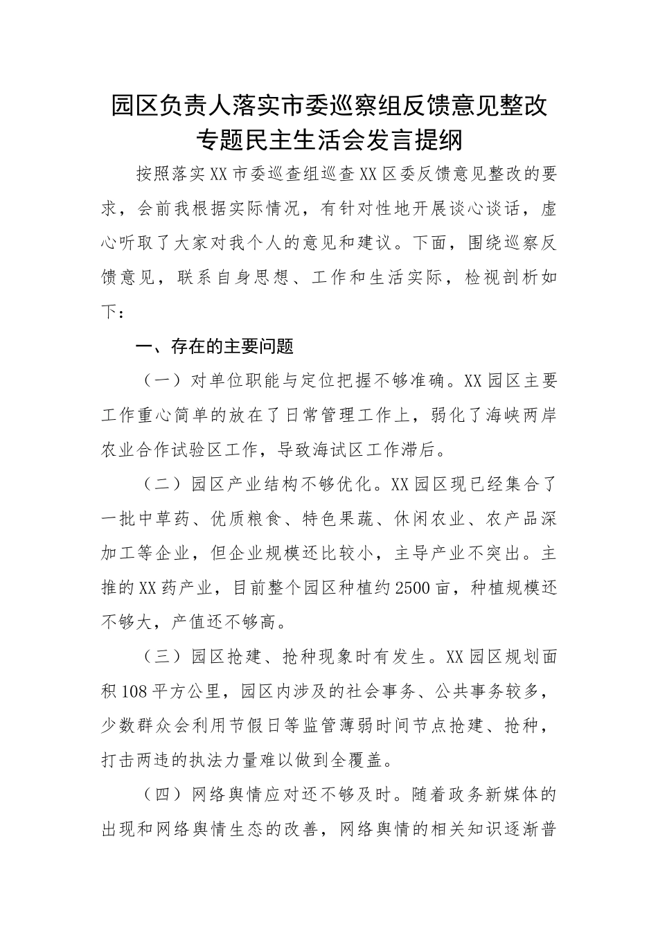 园区负责人落实市委巡察组反馈意见整改专题民主生活会发言提纲.docx_第1页