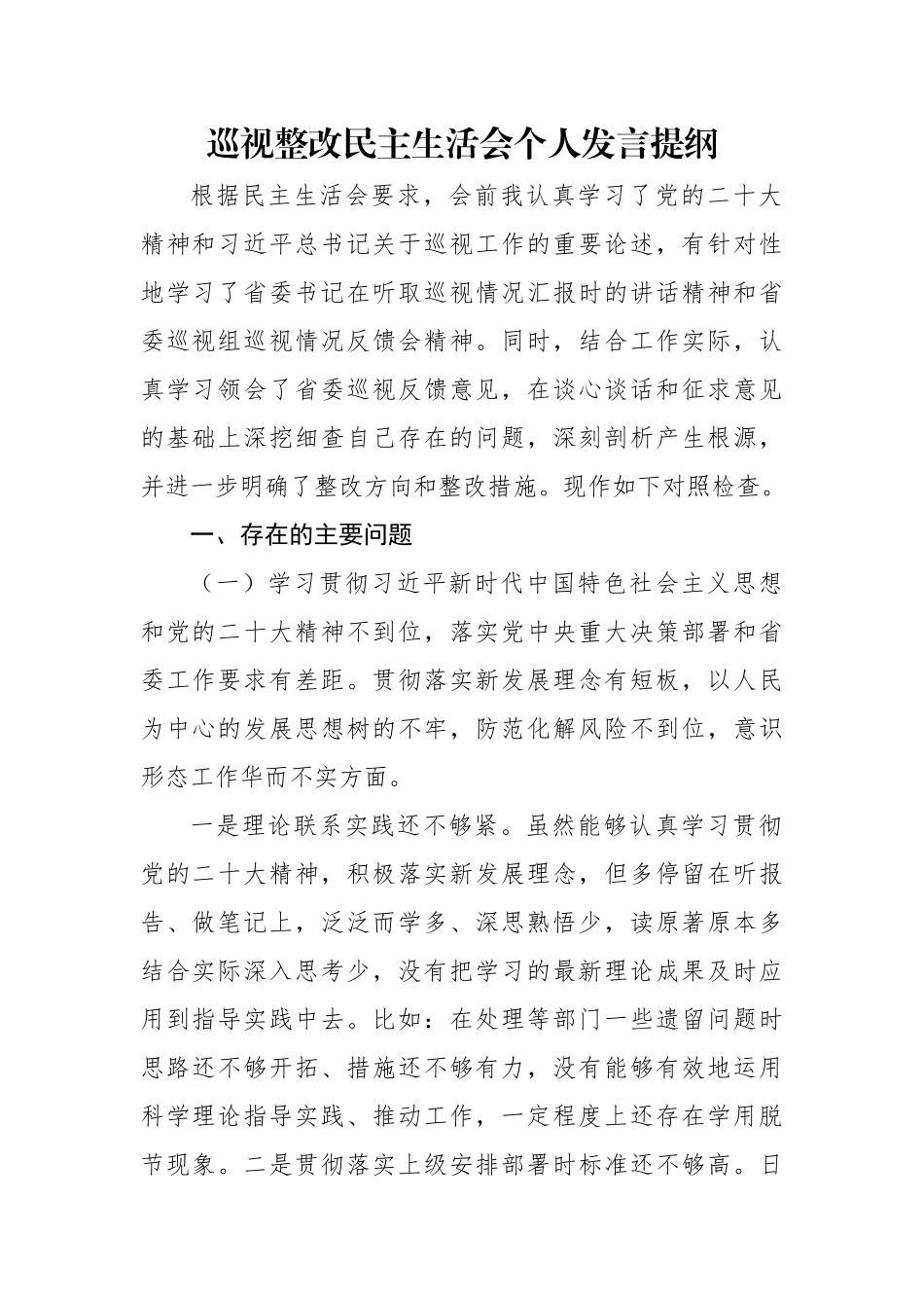 巡视整改民主生活会个人发言提纲.docx_第1页