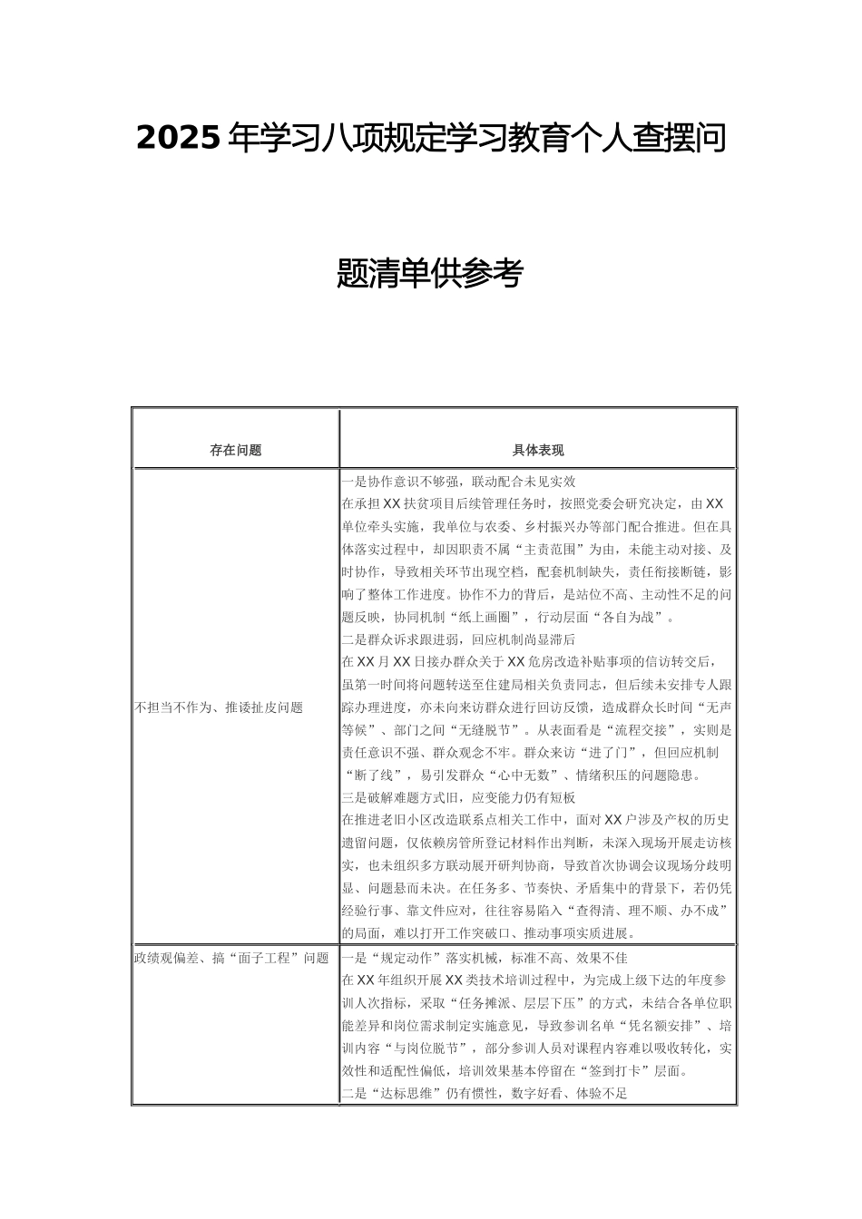 2025年学习八项规定学习教育个人查摆问题清单供参考.docx_第1页
