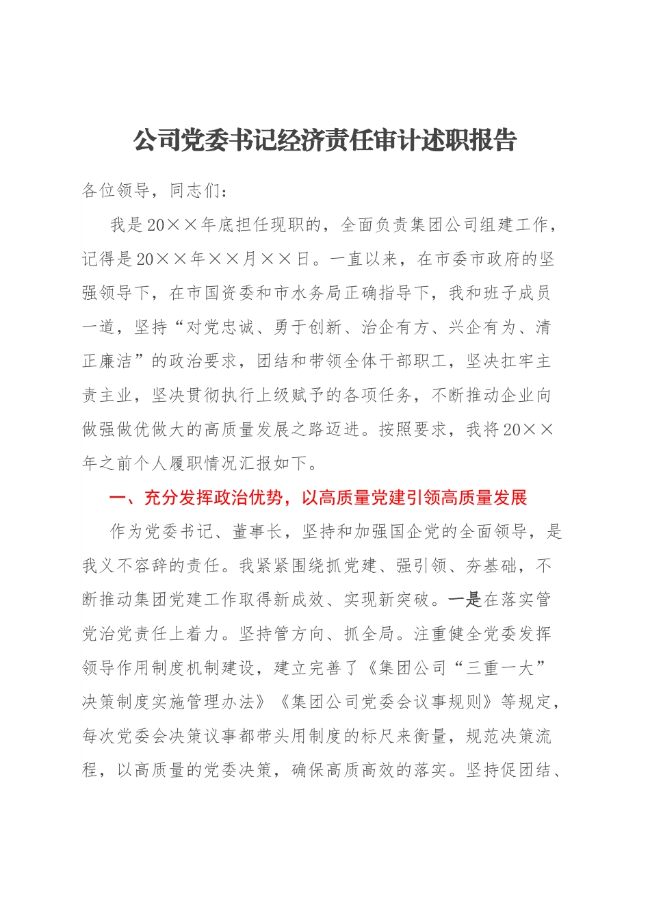 公司党委书记经济责任审计述职报告.docx_第1页