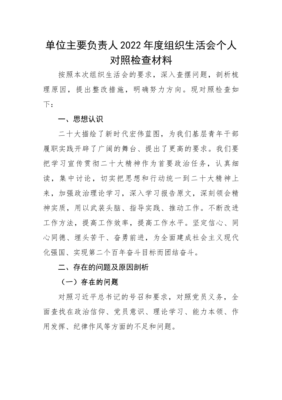 单位主要负责人2022年度组织生活会个人对照检查材料.docx_第1页