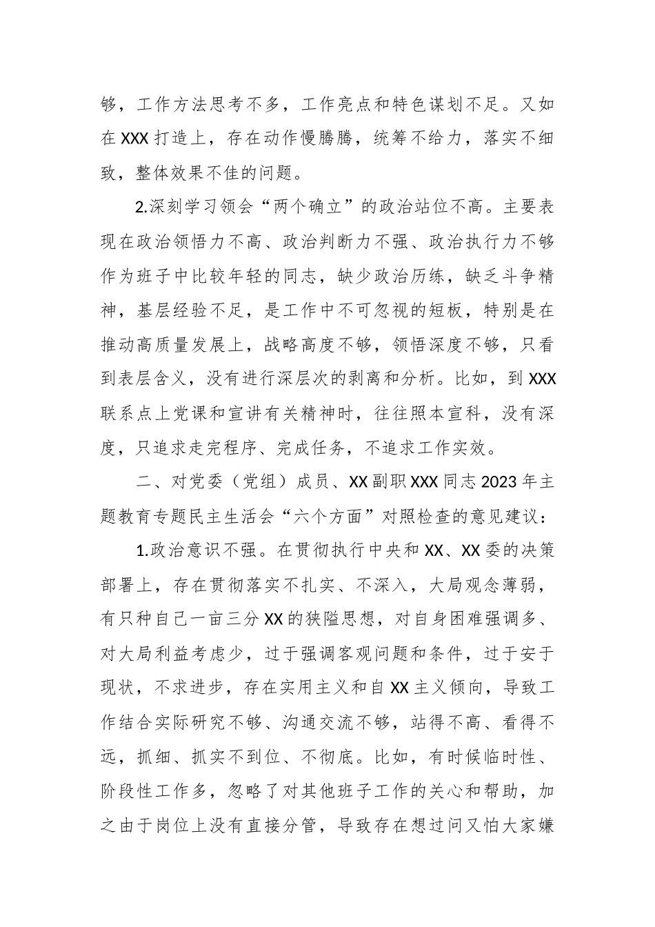 领导干部在2023年主题教育专题 民主生活会上对其他班子成员的批评意见.docx_第3页