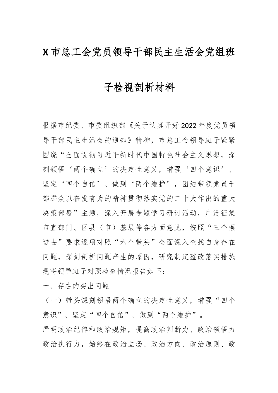 X市总工会党员领导干部民主生活会党组班子检视剖析材料.docx_第1页
