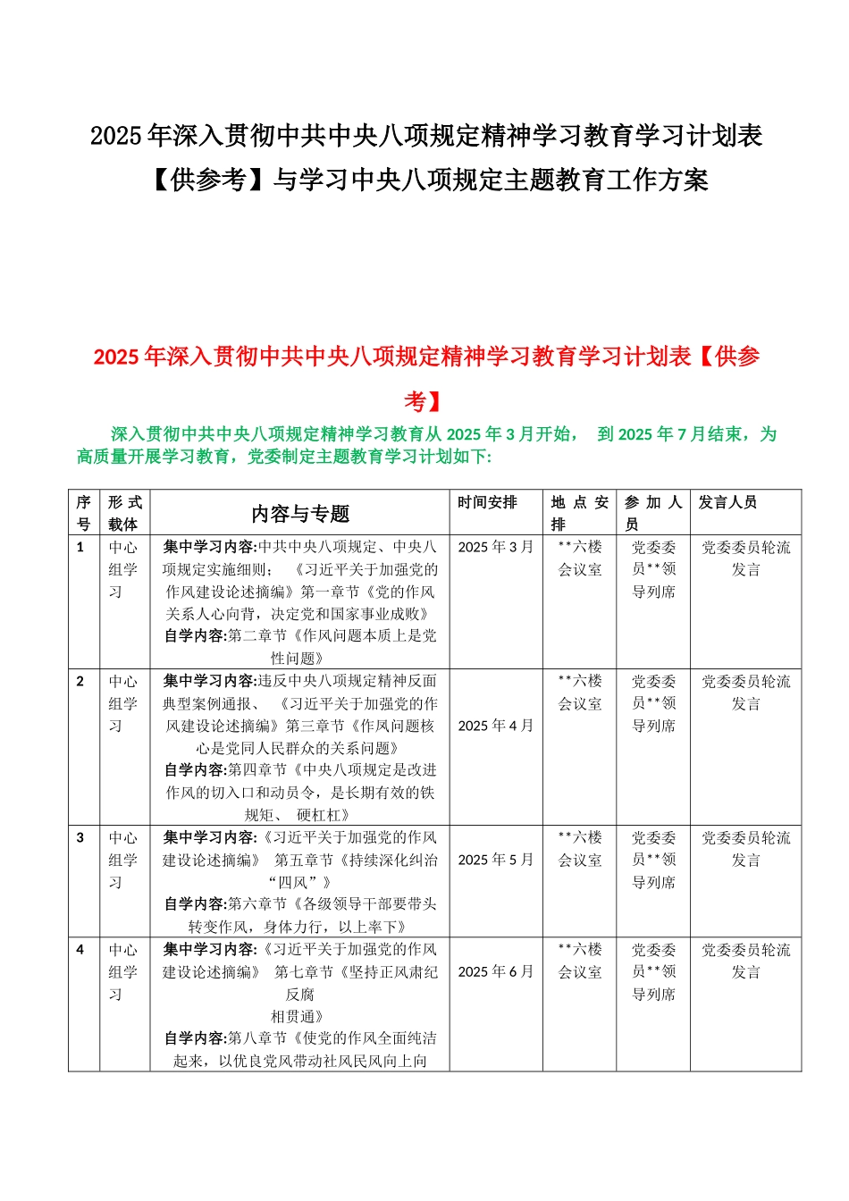 2025年深入贯彻八项规定精神学习教育学习计划表【供参考】与学习八项规定主题教育工作方案.docx_第1页