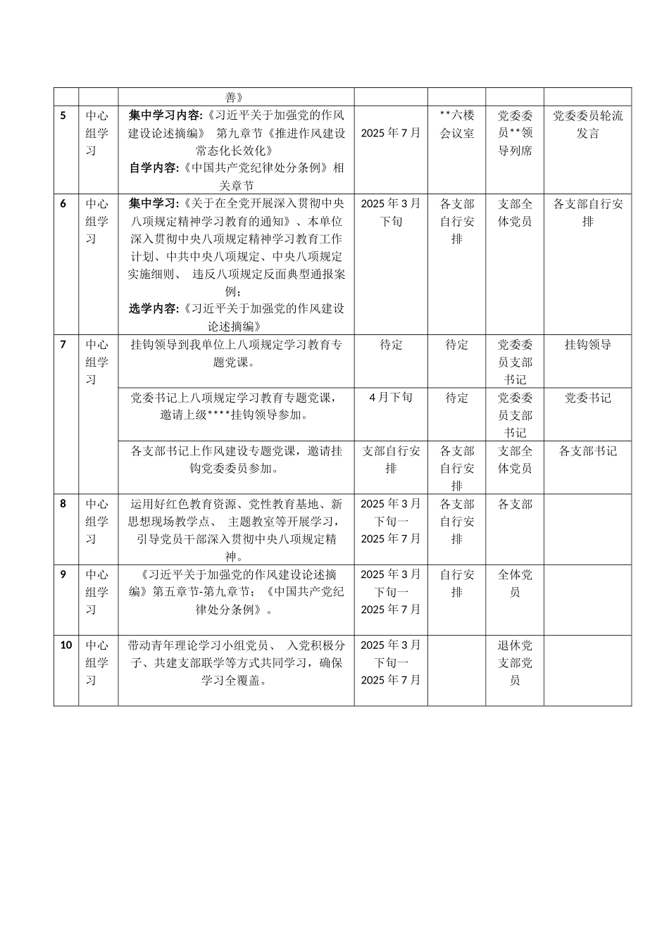2025年深入贯彻八项规定精神学习教育学习计划表【供参考】与学习八项规定主题教育工作方案.docx_第2页